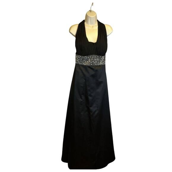 Nicole Miller Platinum Black Halter Evening Gown Size 16 Rhinestone Waist - Picture 2 of 16